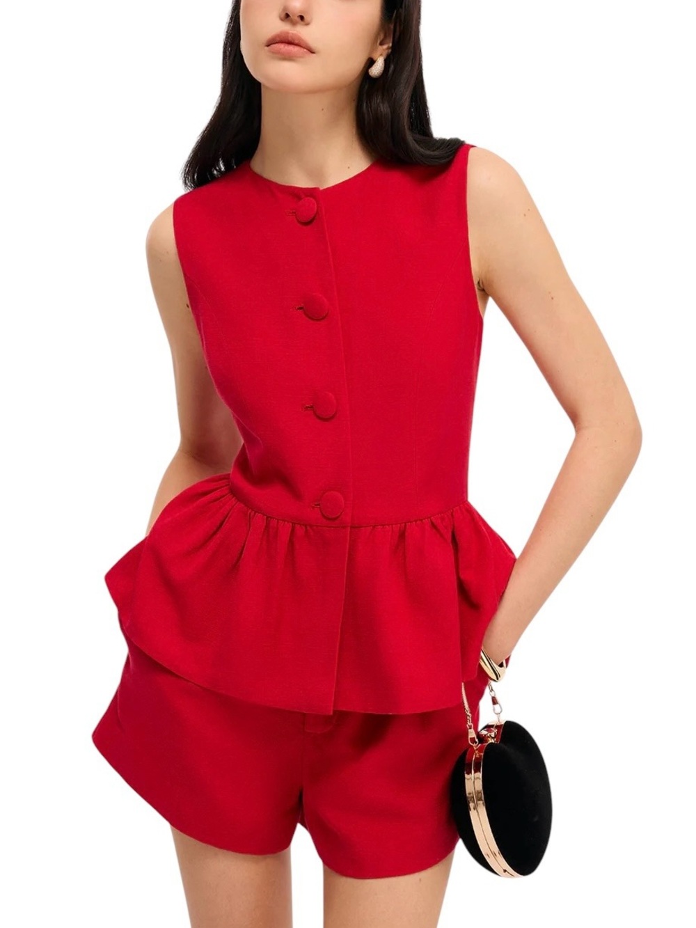 Commense Matching Set Cherry Red Peplum Top & Shorts Set Linen Blend Large NWT